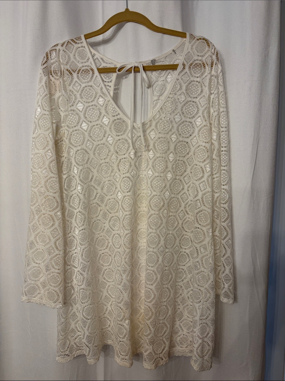 Beach Dress Cream Lace V-Neck Long Sleeve with Tie-Back